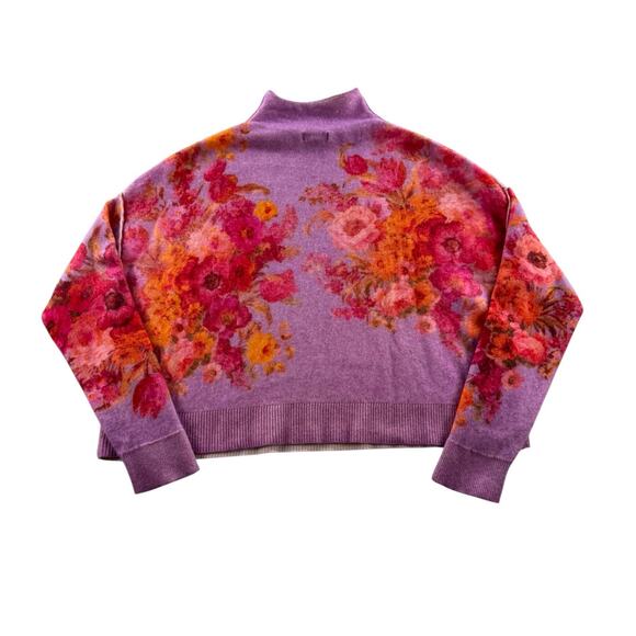 Pilcro Alani Mock Neck Cashmere Sweater XS Floral Purple Pink Boxy Relaxed - Picture 2 of 7